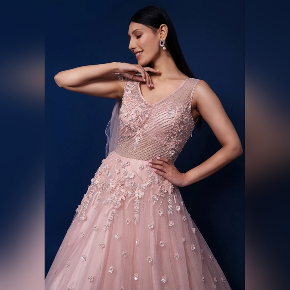 Peach Net Fancy Gown with 3D Flower Motifs - Picture 2 of 2